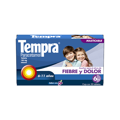 Para el Alivio de Fiebre y  dolor en niños de 6 a 11 años Tempra® Tableta, Masticable, Infantil 30 tabletas